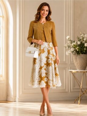 Silk Three-Piece Golden & Cream Chiffon Dress Set with Jacket & Sash